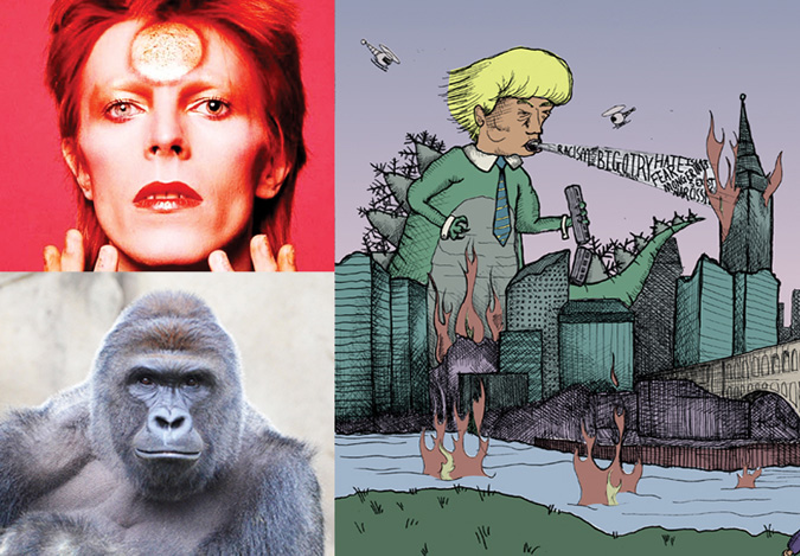 David Bowie is gone, but his likeness lives on in emoji form; the world cannot forget Harambe, for better or worse; Donald Trump couldn’t act like a big enough dirtbag to lose his race for the White House