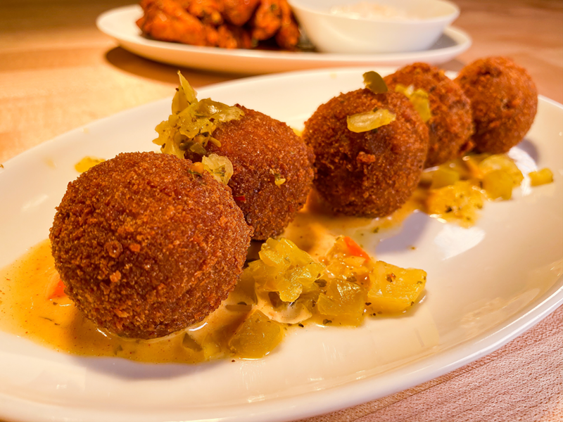 Goetta balls with white cheese, chow chow and sloppy sauce - Photo: Y'all Hospitality