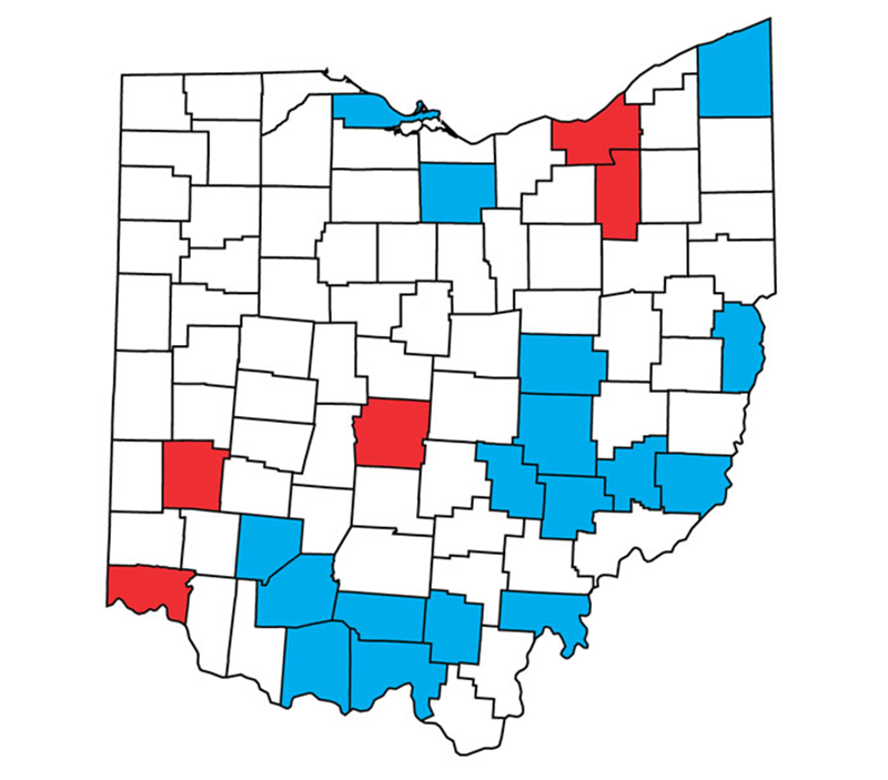Ohio applied for SNAP work requirement waivers for predominantly white rural counties (in blue). Meanwhile, it passed up waivers for urban counties (in red) with higher ratios of minorities and overall numbers of unemployed people.