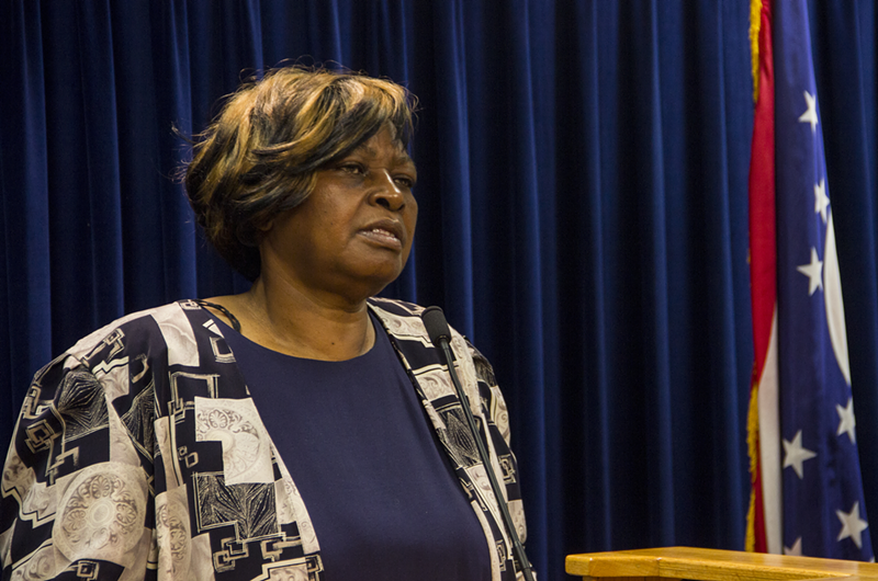 Audrey DuBose speaks to reporters immediately after the indictment of officer Ray Tensing is announced