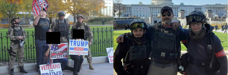 On left, members of the “Ohio State Regular Militia” at the Capitol on Nov. 7 (faces of minors are redacted). Photo: Jake Zuckerman. At right, photo posted by Parler account belonging to “Ohio Regular Militia.” Photo: Parler.