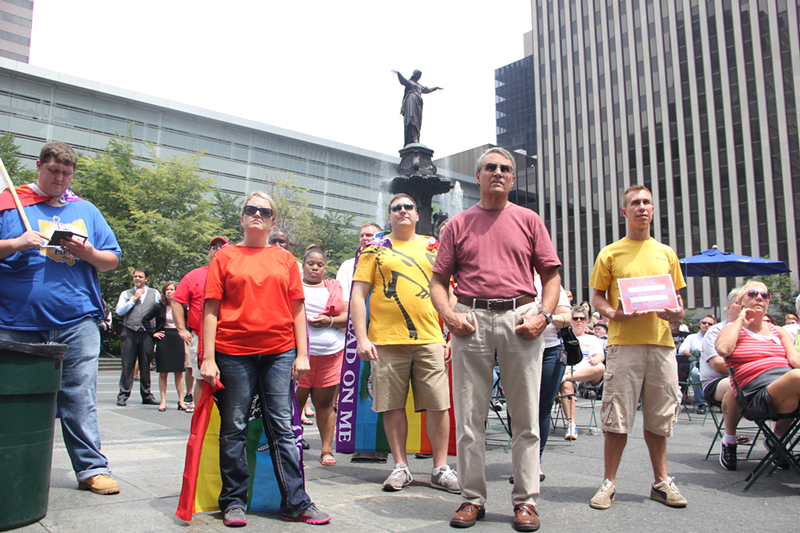 Marriage Equality supporters rally on Fountain Square as the 6th Circuit Court hears challenges to Ohio's gay marriage ban Aug. 6