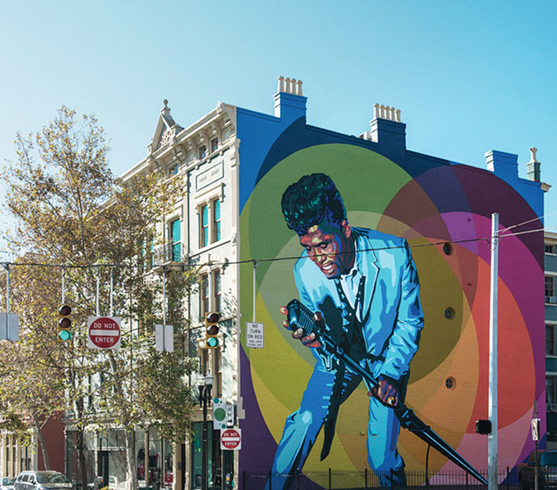 James Brown is immortalized in Jenny Ustick’s “Mr. Dynamite,” located at 1437 Main St.