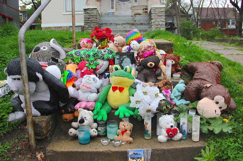 A memorial for Alexandrea “Sissy” Thompson outside her house in Mount Auburn. Thompson was fatally shot in January when gunmen burst into the house. - PHOTO: NICK SWARTSELL