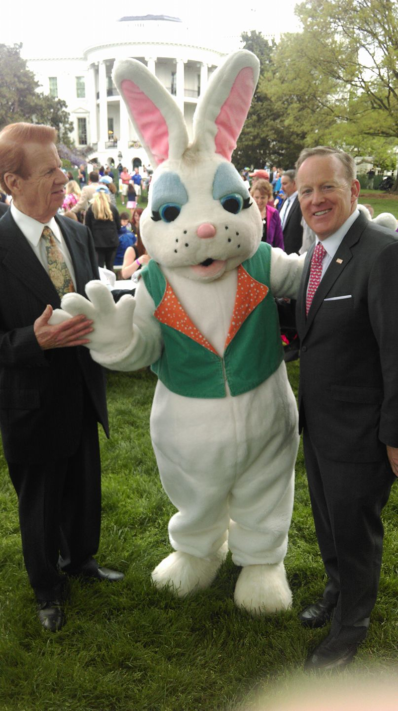 Jonn Schenz of local Schenz Theatrical Supply stands with the White House Easter Bunny and Spicey himself. - Photo: Schenz Facebook