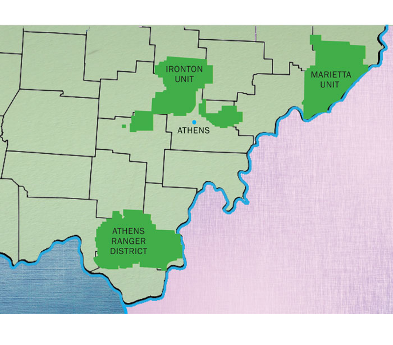Wayne National Forest in southeastern Ohio is split into three sections. The Marietta Unit is further along in the process that could eventually allow fracking. - Map: Sam Summerlin