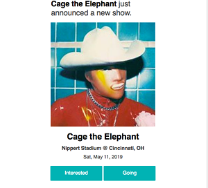 Cage the Elephant announcement for a Nippert Stadium appearance from an email sent by Bands In Town