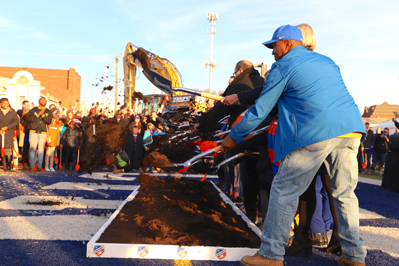 West End Community Council President Keith Blake and other guests throw ceremonial shovels of dirt at the groundbreaking of FC Cincinnati's Major League Soccer stadium - Nick Swartsell