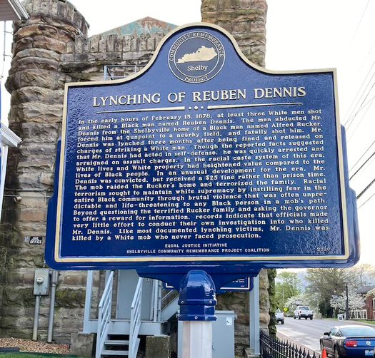 One of six new historical markers in Shelbyville, Ky., commemorating victims of lynching incidents that occurred from 1878 to 1911. - Photo: Janice Harris