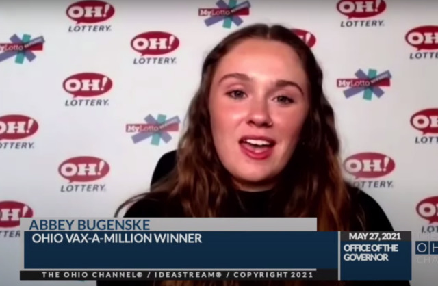 Cincinnatian Abbigail Bugenske, Ohio's first Vax-a-Million winner - Photo: The Ohio Channel video still