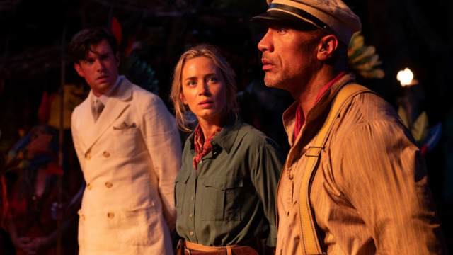MacGregor (Jack Whitehall, left), Lily (Emily Blunt) and Frank (Dwayne Johnson) prepare to negotiate with some savage cannibals. - Photo: FRANK MASI/DISNEY ENTERPRISES, INC.