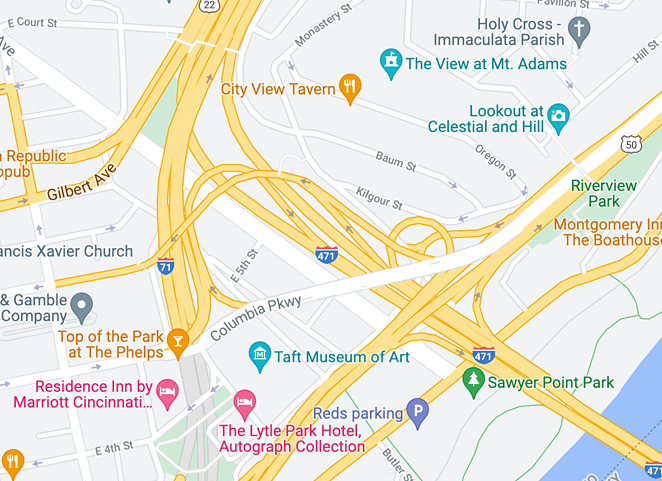 The I-471 Interchange in downtown Cincinnati - Image: Google Maps