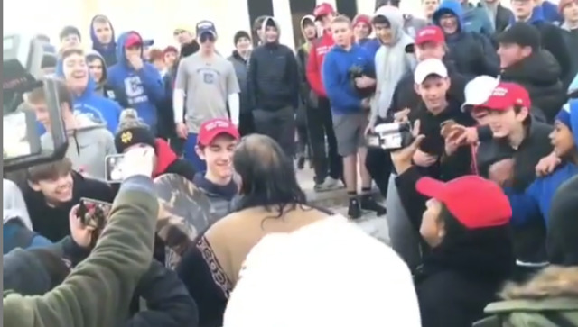 Social Media image showing the viral encounter between Nathan Phillips and Covington Catholic student Nick Sandmann at a march in Washington, D.C. in 2019 - Photo: Autumn Rain, Instagram
