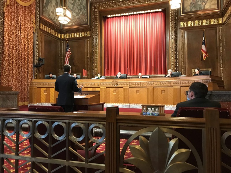 Attorney Phillip Strach speaks before the Ohio Supreme Court, arguing for the constitutionality of legislative district maps. The court heard arguments on three cases asking it to reject the maps approved in September. - PHOTO: SUSAN TEBBEN, OHIO CAPITAL JOURNAL