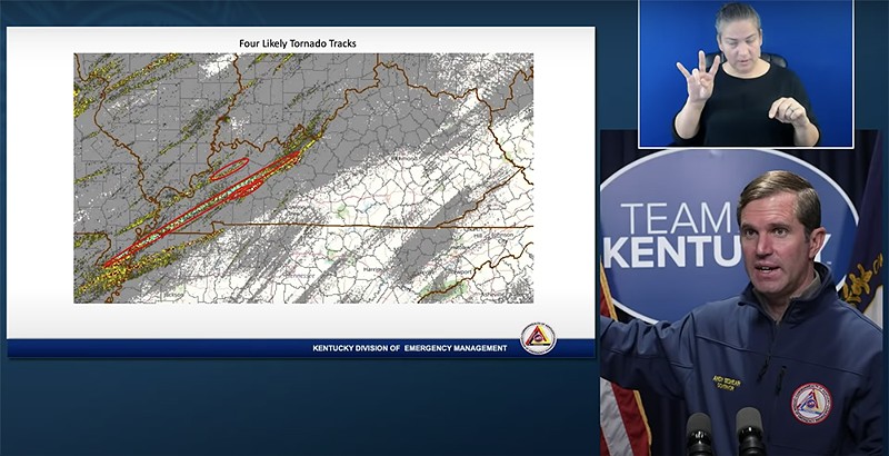 Gov. Andy Beshear during a Dec. 11 briefing about Kentucky's tornado outbreak - Photo: YouTube screengrab