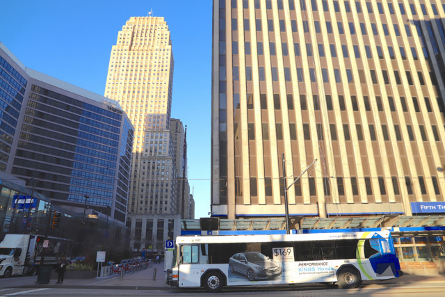 A Metro bus drives through downtown Cincinnati. - Photo: Nick Swartsell