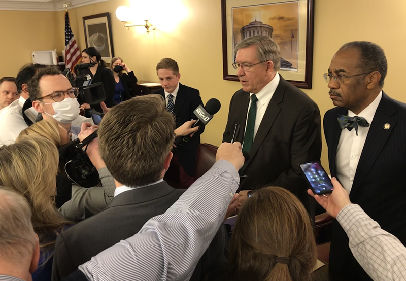 House Speaker Bob Cupp, center right, and state Sen. Vernon Sykes, far right, co-chairs of the Ohio Redistricting Commission, speak to media after Tuesday’s meeting to restart the legislative redistricting process. - Photo: Susan Tebben, Ohio Capital Journal