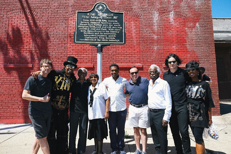 Philip Paul (third from right) with musicians, politicians and supporters of the King Records revitalization project. From left: Elliott Ruther/CMHF King Steering Group, Bootsy Collins, Otis Williams,  Anzora Adkins, Kent Butts, former mayor John Cranley, Jack White and Patti Collins. - Photo: Third Man/David Swanson