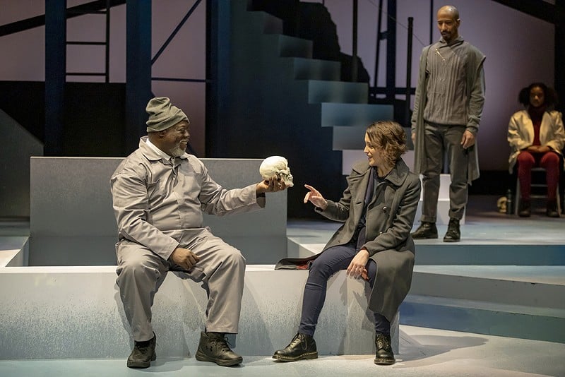“ranney” as Gravedigger and Sara Clark as Hamlet in Cincinnati Shakespeare Company's production of Hamlet - Photo: Mikki Schaffner