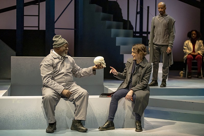 “ranney” as Gravedigger and Sara Clark as Hamlet in Cincinnati Shakespeare Company's production of Hamlet - Photo: Mikki Schaffner