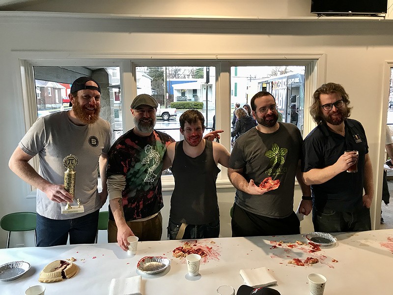 Cherry-pie-covered competitors from a previous Pi Day pie-eating contest - Photo: Provided by Fibonacci Brewing Company