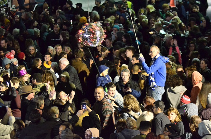 Yellow Springs celebrates during its New Year's Eve ball drop. - Photo: Matt Minde, Yellow Springs News, provided by Brian K. Housh of Yellow Springs Council