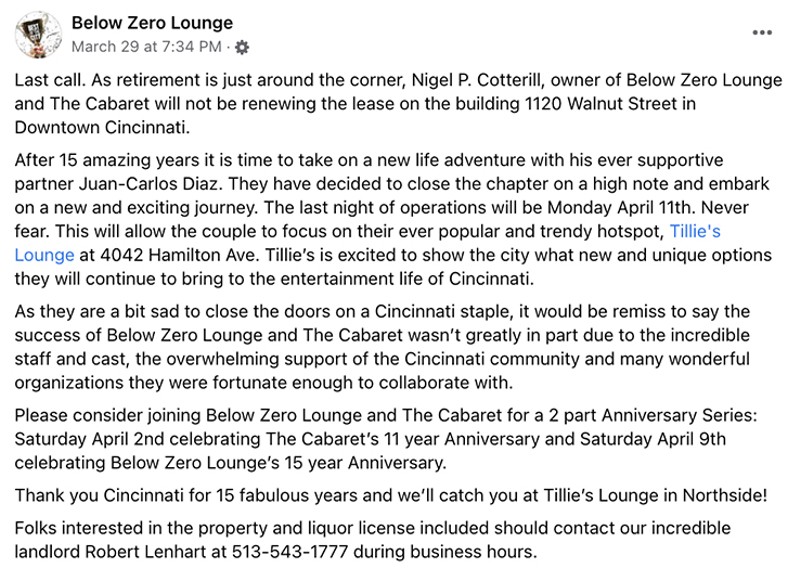 Below Zero Lounge announced its pending closure on Facebook. - PHOTO: FACEBOOK.COM/BELOWZEROLOUNGE