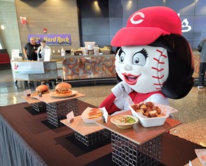 Rosie Red shows off Great American Ball Park's new menu items on April 5, 2022. - Photo: Allison Babka