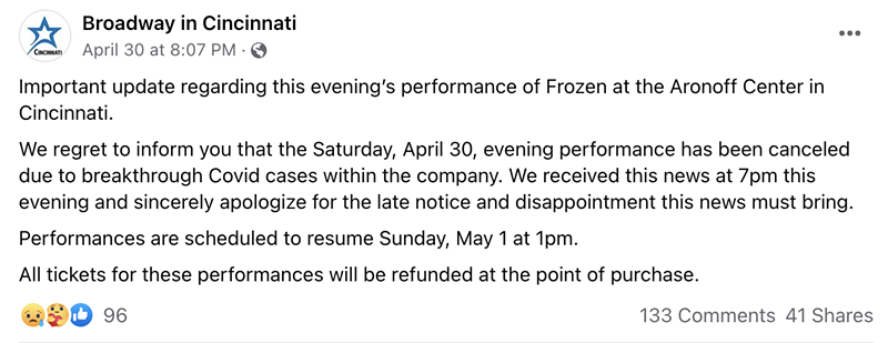 Broadway in Cincinnati Receives Backlash After Last-Minute Cancellation of Frozen Showing Due to COVID-19 Outbreak