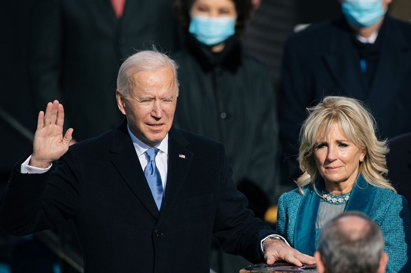 Joe Biden is sworn in as U.S. President on Jan. 20, 2021, with First Lady Dr. Jill Biden to his left. - PHOTO: U.S. COMMISSION ON CIVIL RIGHTS, WIKIMEDIA COMMONS
