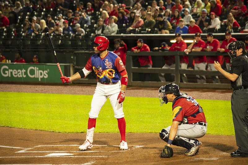 Cincinnati Reds' first baseman Joey Votto prepares to take a swing in a Doctor Strange jersey during a rehab assignment with the Louisville Bats on May 14, 2022. - PHOTO: PROVIDED BY THE LOUISVILLE BATS