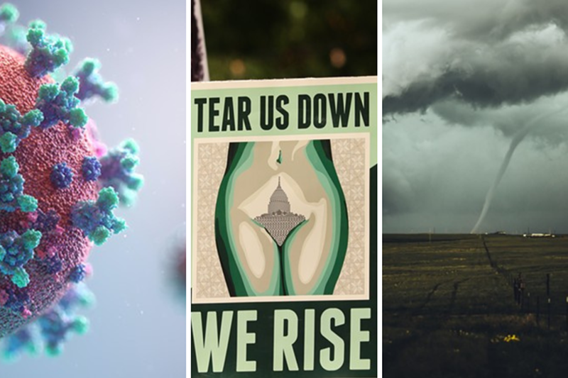 In July 2022, Cincinnati talked about a new spike in COVID-19, abortion rights and three local tornadoes. - Photos (l-r): Unsplash, Mary LeBus, Unsplash