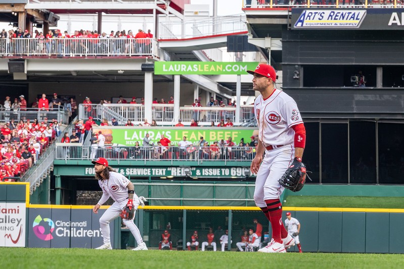 Second baseman Jonathan India (left) and first baseman Joey Votto play for the Cincinnati Reds at Great American Ball Park on April 12, 2022. - Photo: Ron Valle