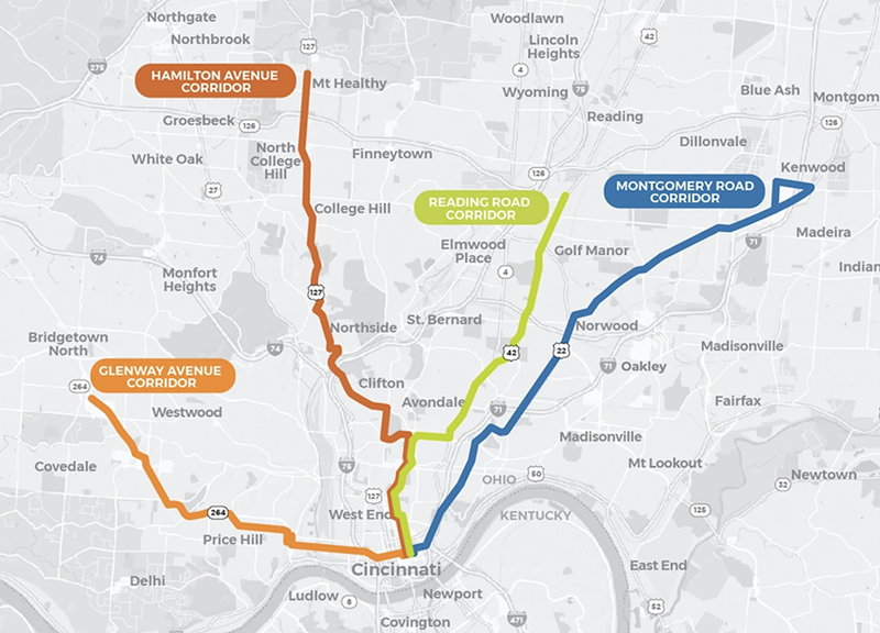 Metro has proposed four possible options for bus rapid transit routes: Glenway Avenue, Hamilton Avenue, Reading Road and Montgomery Road. - Photo: Cincinnati Metro