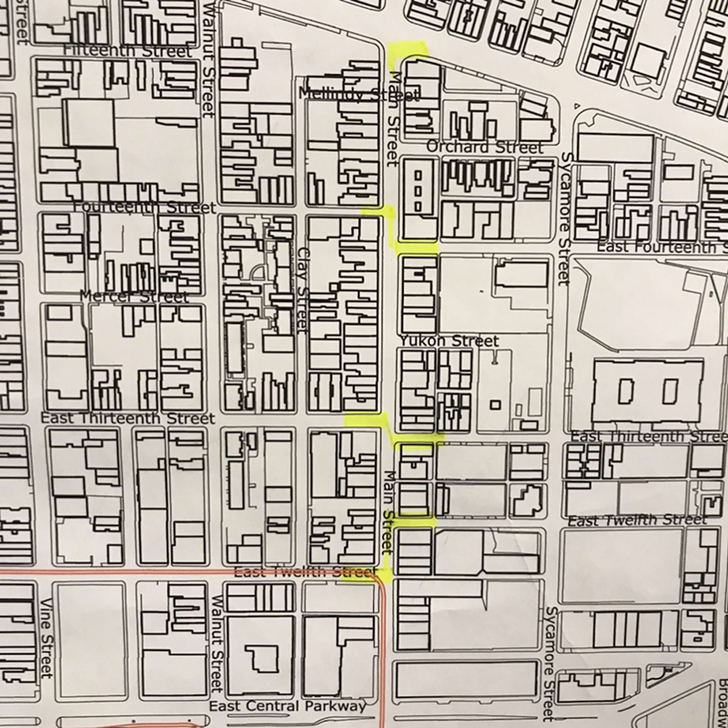 Offset intersections, shown here in yellow, pop up when side streets are not directly connected by a main road. DOTE will consider offset intersections while weighing the Main Street traffic flow. - Photo: Via DOTE