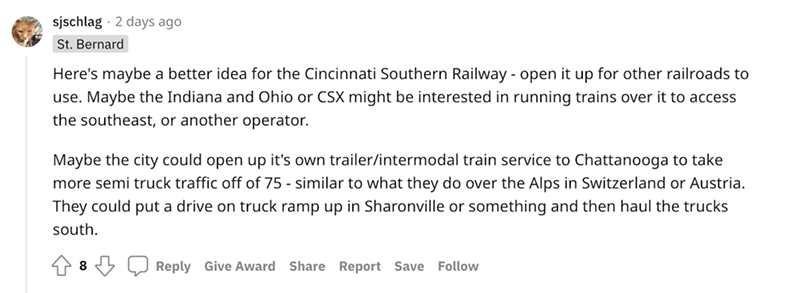 Reddit user Sjschlag reacts to news of the proposed sale of the Cincinnati Southern Railway. - Photo: Reddit.com