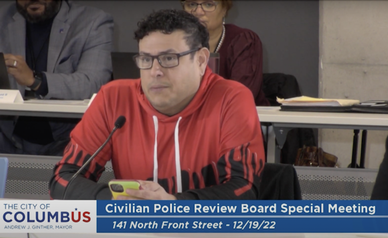 Gambit Aragon speaks at the 12/19 meeting of the Columbus Civilian Police Review Board meeting. - Photo: City of Columbus