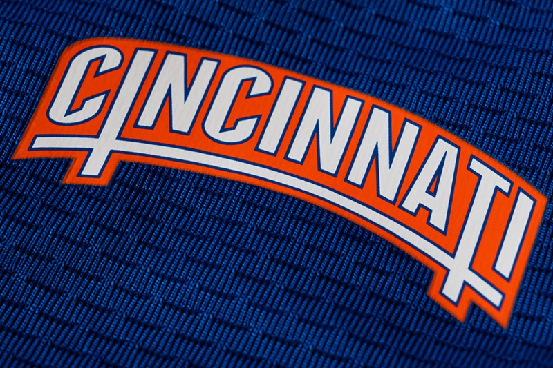 A word mark of "Cincinnati" as a bridge appears at the back neck of FC Cincinnati's new 2023 river kit. - Photo: provided by FC Cincinnati