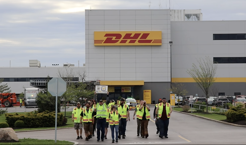 Workers organizing to join the Teamsters union at DHL-CVG rally outside of the DHL hub in Hebron, Kentucky on April 14, 2023. - Photo: DHL Workers United Facebook