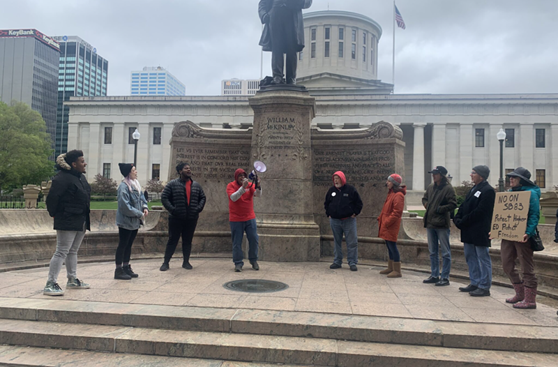 About 20 people protested against Senate Bill 83 outside of the Statehouse on May 3, 2023. - Photo: Megan Henry for Ohio Capital Journal