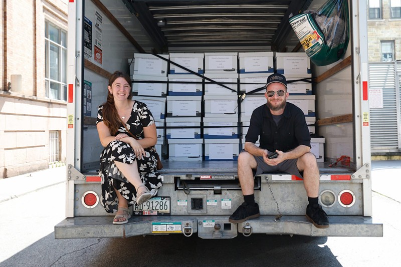 COLUMBUS, Ohio — JULY 05: Field staffer directors for Ohioans United for Reproductive Rights, Dakota DesRochers (left) and Keith Siddall wait to unload the second truck with the remainder of 402 boxes of petitions with over 700,000 signatures being delivered to Ohio Secretary of State Frank LaRose, July 5, 2023, at the loading dock of the Office of the Ohio Secretary of State, downtown Columbus, Ohio. - Photo: Graham Stokes for Ohio Capital Journal