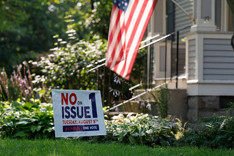 A yard sign against Ohio Issue 1 which if passed at the August 8 special election would require a 60% vote to pass future citizen-initiated amendments including the Reproductive Freedom Amendment which will be on the ballot in November, July 26, 2023, in Mount Vernon, Ohio. - Photo: Graham Stokes for Ohio Capital Journal