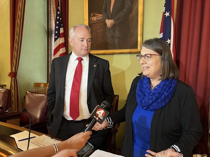 Ohio Redistricting Commission co-chairs, Auditor of State Keith Faber and Senate Minority Leader Nickie Antonio, speak to media on Tuesday morning. - Photo: Susan Tebben, Ohio Capital Journal
