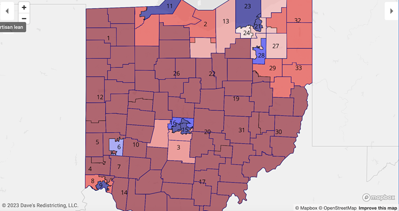 Adopted bipartisan Ohio Senate district map. - Photo: Map from Dave’s Redistricting analysis from the Ohio Redistricting Commission