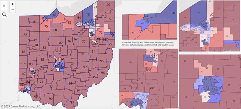 Adopted bipartisan Ohio House district map. - Photo: Map from Dave’s Redistricting analysis from the Ohio Redistricting Commission