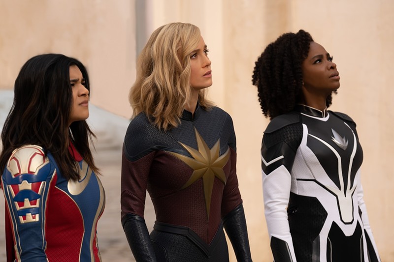 Iman Vellani, Brie Larson and Teyonah Parris make like the Charlie's Angels of the Marvel Cinematic Universe. - Photo: LAURA RADFORD © 2023 MARVEL