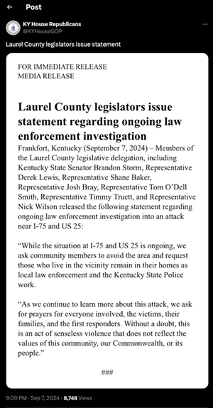 Statement issued Saturday night by lawmakers from Laurel County. - Photo: KY House Republicans via X