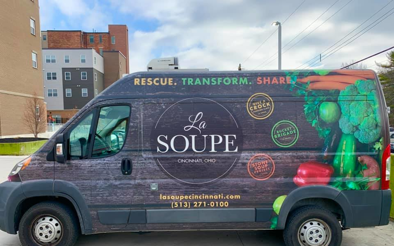 La Soupe receives more than 20,000 pounds of food per week that would otherwise be thrown away from grocery stores, distributors, manufacturers, farms, and restaurants. Hundreds of volunteer drivers make deliveries to 20 Community Kitchen partners, including Taste of Belgium in Walnut Hills and Sleepy Bee Cafe, and then La Soupe employees sort and store items appropriately.