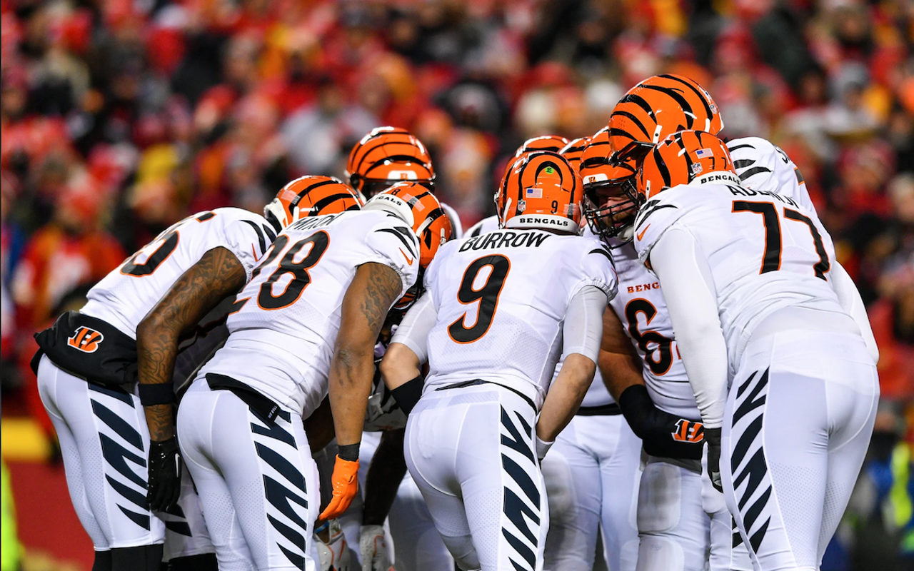 The Cincinnati Bengals huddle during the AFC championship game against the Kansas City Chiefs at Arrowhead Stadium on Jan. 29, 2023.