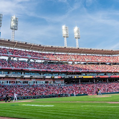 Cincinnati Reds fans watch the season opener at Great American Ball Park on March 30, 2023.